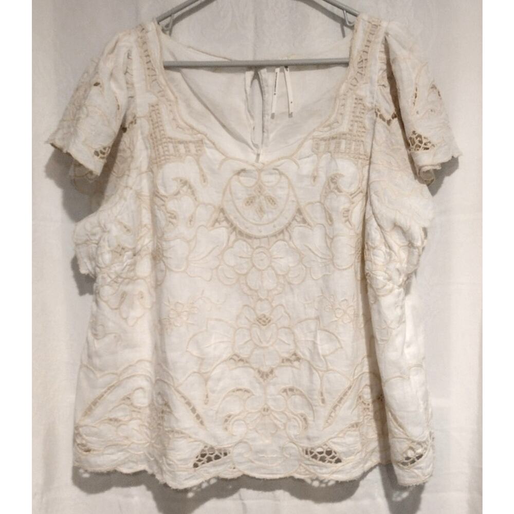 Anthropologie XL Lainie Embroidered Lace Cutwork Blouse Cream Boho Chic Coastal